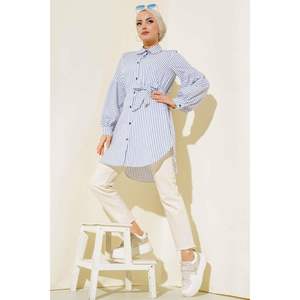 Tunique à manches ballon, blanc indigo, motif régulier, très coloré, origine TR - Product Image 1