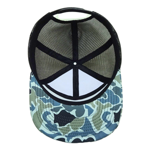 Sombrero de camionero de camuflaje azul y negro de 7 paneles, malla negra, transpirable, ajustable, ala plana, Snapback, hebilla de un solo pecho, OEM Unisex - Product Image 5