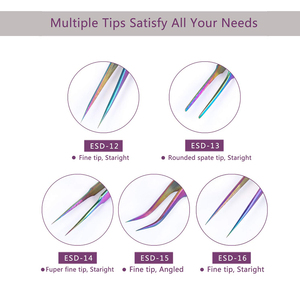 Las mejores pinzas de acero inoxidable multicolor de primera calidad para extensiones de pestañas postizas, juego de aplicador de pestañas de Punta curva, tipo de fibra puntiaguda - Product Image 6