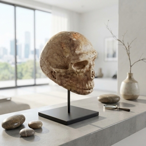 Handcrafted <b>wooden</b> human skull stand sculpture <b>rustic</b> teak carved gothic statue metal base table accent decor setup display unit - Product Image 4
