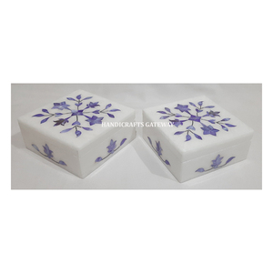 White Marble Mother Of Pearl Inlay Jewellery <b>Box</b> Blue Color Square Shape With <b>Floral</b> Design Used For Home Decoration And Gifting - Product Image 2