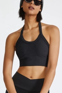 Light Blue Ribbed Plus Size V-neck Supportive Sports Bra Workout Yoga <b>Top</b> Front Crystal Seamless Fit Women's Activewear - Product Image 5