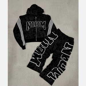 Autumn Unisex Zipper-Up Oversized Solid Fleece Distressed Acid Wash Hoodie Sweatpants Set Applique Embroidery Plain Dyed - Product Image 4