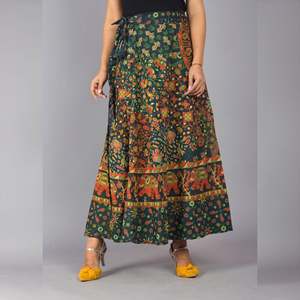 Jupe longue verte à imprimé ethnique, confortable et respirante, en soie, style portefeuille, coupe évasée trapèze, avec broderie, grande taille, longueur midi - Product Image 3
