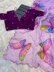 Belle fleur impression à la main Organza Satin soie Saree exclusif à la mode Designer mariée fête mariage Festival pour femmes filles - Product Image 4