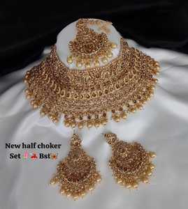 New Design Gold Plated Traditional <b>Drop</b> <b>Pearl</b> & Stone Studded Earring Mangtika Choker <b>Necklace</b> Set & Jewellery Set for Women - Product Image 4