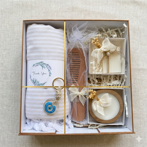 Spa Gift <b>Box</b> for Women - Handmade Turkish Peshtemal, Wooden Bowl Candle, Natural Soap, Wooden Comb, Key Chain - Product Image 1