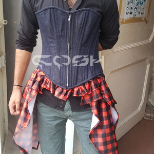 Vestido corsé vaquero de moda con falda roja a cuadros - Product Image 4