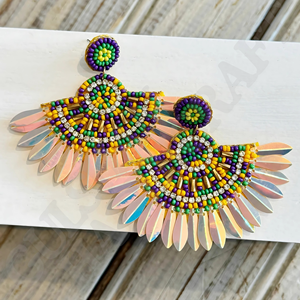 Mardi Gras Seed Bead & <b>Crystal</b> Earrings Festive Purple, Green, and Gold Statement Jewelry for Carnival Celebrations for Girls - Product Image 1