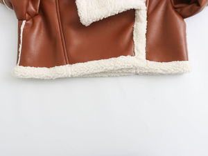 คอลเลคชั่นฤดูใบไม้ร่วง2024แจ็คเก็ตนักขี่มอเตอร์ไซค์โอเวอร์ไซส์สำหรับผู้หญิงผ้าคอตตอนปักลายทางผ้าหนังแท้ - Product Image 6