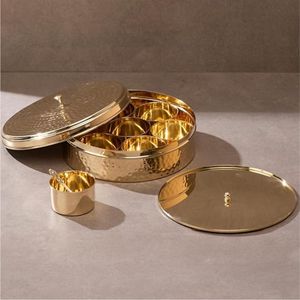 Decorative Brass Spice Dabba with Etched Lotus Pattern Traditional Indian Kitchen Masala Container with 7 Bowls Spices Box - Product Image 2