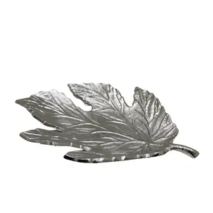 Luxurious Set of 2 Metal Aluminium leaf Shape Serving Dishes for Home & Hotels Tableware Rough Nickel Silver Serving Patter