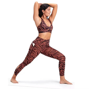 Animal Print Yoga Set 2 Piece High Waist <b>Leggings</b> <b>With</b> <b>Pockets</b> Deep V Neck Racerback Crop Top Spandex Polyester Full Length - Product Image 1