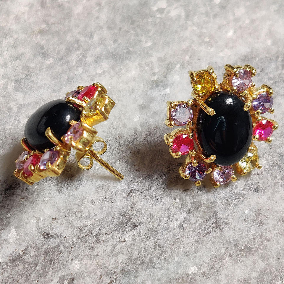 Handmade Silver black onyx stud earring fashion gold plated gemstone silver earring 2023 Christmas gift earring
