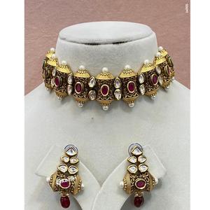 Ensemble de mariage de luxe antique en or et rubis ensemble traditionnel collier ras du cou et boucles d'oreilles ensemble anniversaire de mariage - Product Image 1