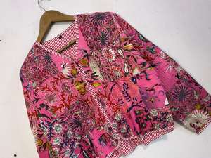 Floral Printed Kantha Quilted Cotton Jacket Men And Womens V Neck Cotton Patchwork Jacket - Boho Comfortable Pink Color Cotton - Product Image 4