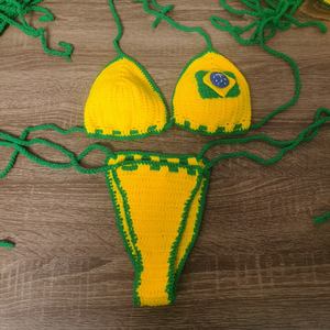 Maillot de bain bikini sexy personnalisable pour femme, sans bretelles, en coton, motif drapeau brésilien au crochet, bonnets ajustables, patchwork, taille XS, source directe - Product Image 6