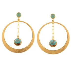 Fashionable woman chalcedony & copper turquoise jade link chain dangle stud earrings charming round fancy push back stud earring