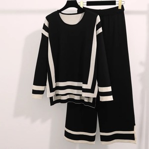 Conjunto de Punto Elegante para Mujer, Cuello Redondo, Diseño a Rayas, Top de Manga Larga y Pantalones Anchos, Traje Casual para Oficina, Suéter Holgado para Estar en Casa - Product Image 4