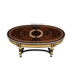 Mesa de Centro Ovalada de Lujo con Incrustaciones de Madera Intrincadas y Detalles en Latón para una Decoración de Sala de Estar Elegante y Clásica - Product Image 1