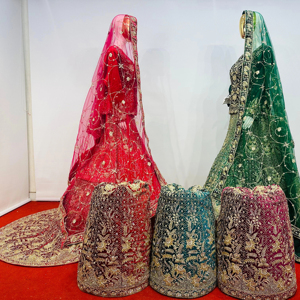 Velvet Crop Top Lehenga Choli with Heavy Work & Jarkan Shine Mahamantra Wedding Edit in 5 Regal Colors <b>Net</b> <b>Fabric</b> - Product Image 1