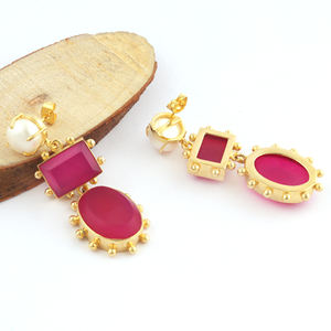 Beau Design perle d'eau douce naturelle Fuchsia perle ensemble de broches clou Dangle boucles d'oreilles plaqué or longues boucles d'oreilles suspendues bijoux - Product Image 4