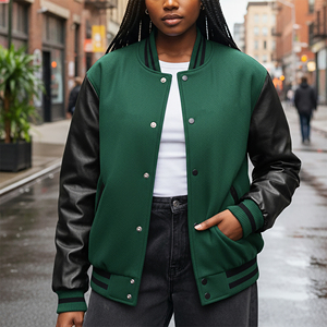 Chaqueta Varsity de Mujer, Estilo Urbano, Informal, para Invierno, con Cuerpo de Lana y Mangas de Cuero, Artículo en Oferta - Product Image 5