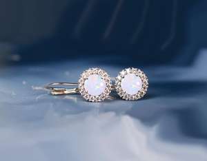White Opal Leverback <b>Earrings</b> Round Halo Drop And Dangle <b>Earrings</b> Opal Jewelry Gift For Mother Elegant <b>Earrings</b> For Women - Product Image 6