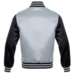 Blouson aviateur en satin élégant et personnalisé pour hommes et femmes, veste d'hiver respirante, design de baseball Letterman, couleur contrastée, devant noir - Product Image 2