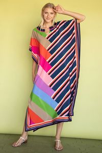 Kaftan Kurta haut à rayures géométriques imprimé multicolore pour femmes, belle longueur au sol pour les fêtes de plage d'été Design-Nouveau - Product Image 2