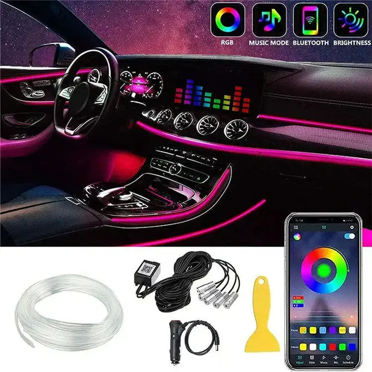 El Neon Fio Rgb LED faixa interior do carro luz ambiente de fibra óptica sem fio atmosfera luz com controle de aplicativo para decoração de carro