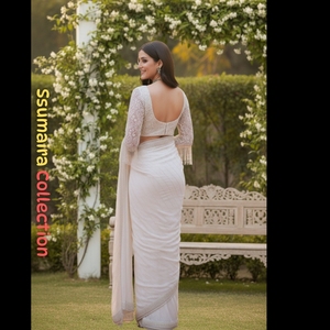 Élégance dévoilée Saree blanc immaculé Sitara Moti travail par tendances par CP vêtements indiens et pakistanais Anarkali - Product Image 2