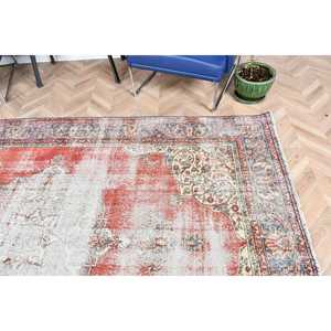 Turkish Vintage <b>Wool</b> Rug 6.6x10 ft Large Rug <b>Red</b> White Floral Patchwork Latex Backing - Product Image 5