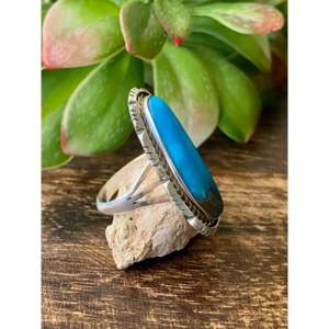 Navajo Handmade Kingman Turquoise Sterling Silver <b>Statement</b> <b>Ring</b> Size 8.5 - Product Image 3