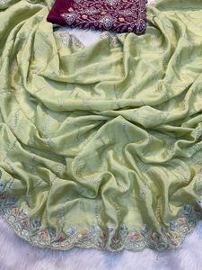 Tissu de soie Chinon doux pur belle séquence de broderie C-Pallu et Zari travail Saree Designer Blouse ethnique fantaisie fête porter - Product Image 3