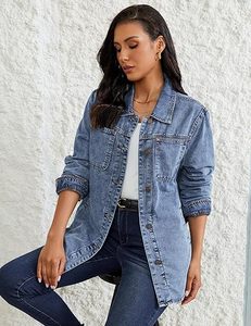 Vestes en jean pour femmes, tendance, manches longues, boutonnée, veste chemise en jean, shacket avec poche, veste de travail western - Product Image 3
