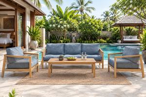 Tropical Outdoor <b>Sofa</b> Set <b>Wood</b> <b>Frame</b> Blue Cushion Waterproof Garden Furniture for Villa Patio - Product Image 3