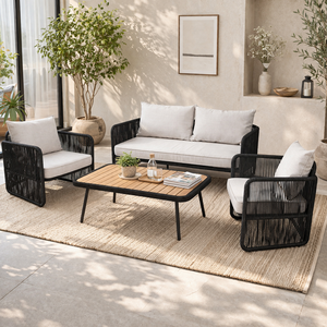 Conjunto de Sofás de Jardín Modernos de Madera de Acacia, con Cojines de Cuerda de Acero Duraderos, Resistentes a los Rayos UV, Ecológicos, Lavables e Impermeables para Villas - Product Image 1