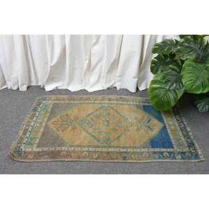 พรมขนสัตว์สีเบจสีน้ำเงิน3.1ft วินเทจขนาด1.7 x แบบคลาสสิกพรมตุรกีผืนใหญ่งานเย็บปะติดพื้นผิวแบบแอบสแตรกต์สำหรับใช้ในห้องโถง - Product Image 2