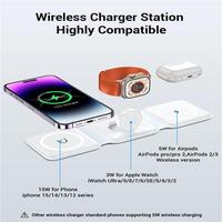 Pengisi Daya Nirkabel Lipat Magnetik 3 in 1, Stasiun Pengisian Daya Nirkabel Cepat untuk iPhone 18/17/16/15/14/13/12, untuk IWatch, untuk AirPods