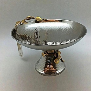 Assiette et bol de service en métal avec plateau et bol martelés Plat à poisson rond de fête vintage argenté pour bol en acier inoxydable - Product Image 2