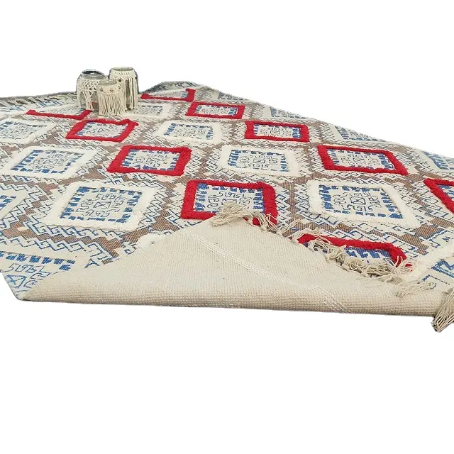 Boho Look Cotton Printed & Tufted Cotton Area Throw Tassel Rugs Blue Red Diamonds Washable Indoor Floor Carpets for Entryway