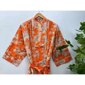 Robe kimono en coton à imprimé floral, peignoir imprimé au bloc avec col mandarin, respirant, taille unique, vêtement de loisirs - Product Image 5