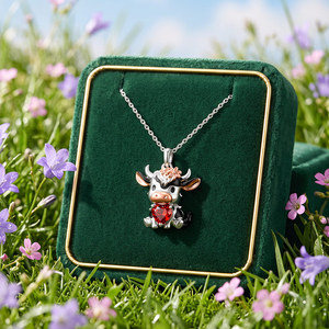 Collier personnalisé Jeulia Hug Me Elsie la vache avec pierre de naissance en forme de cœur - Chaîne à maillons plaquée or tendance avec accents de diamants et de perles - Product Image 3