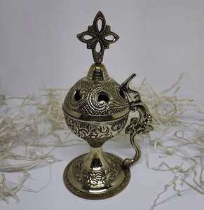 Engrave Design 100% Brass <b>Incense</b> Burner Cross On Top Engrave Greek Orthodox Luxury Burner With Handle Table Decor Items - Product Image 4
