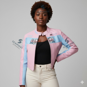 Gamma Phi Delta Customized PU Leather Jacket High Quality Cropped Slim Fit Silhouette Racing Jacket - Product Image 5