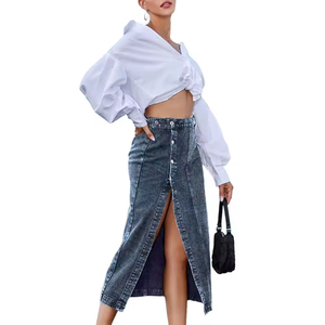 Jupe en jean pour femme avec logo brodé délavé, détail boutonné, coupe ample vintage d'automne, pantalon en jean streetwear - Product Image 5