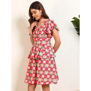 Deebaco Robe pour femme coupe évasée à carreaux, col en V, manches à volants, longueur genou, avec ourlet évasé à plusieurs niveaux, décontractée pour l'été - Product Image 3