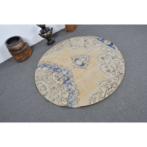 Tapis turc vintage beige bleu 4.5x4,5 pieds fait à la main en laine avec support en latex Patchwork Design Style Tabriz pour salon adolescent - Product Image 2