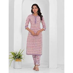 Peach <b>Block</b> <b>Printed</b> Cotton Kurta Pant Set Pakistani-Indian Ethnic Wear for Daily & Party Salwar Kameez with Net Fabric - Product Image 3